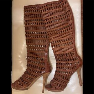 Nine West preowned leather woven knee high open toe boot brown size 8.5